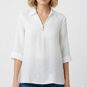 James Malcolm 100% Irish  Linen Tunic Top White Embroidery Sequins Coastal Med